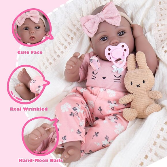 18Inch Realistic Black African American Newborn Baby Zuri Girl with a cloth Body - Picture 6 of 9